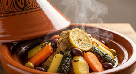 Steaming authentic Moroccan chicken or lamb tagine being prepared and servedの素材