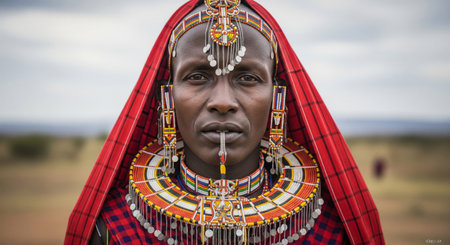 A close-up portrait of a proud Maasai man from Kenya, looking directly at the camera with a stoic and dignified expression.の素材