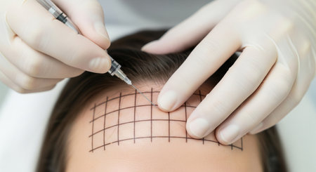 A powerful, close-up image showing a medical procedure for hair restoration, likely a PRP (Platelet-Rich Plasma) injection, on a patients scalpの素材