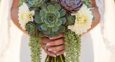 A hyper-realistic, high-detail close-up photograph of a brides hands gently holding a gorgeous wedding bouquet filled with Large Succulents, cream Dahlias, trailing Sedumの素材