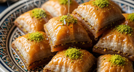 Extreme close-up of a piece of golden Baklava, a traditional Middle Eastern or Mediterranean dessertの素材