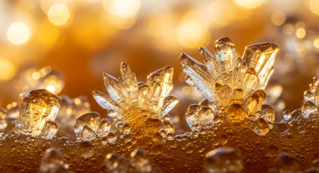 An extreme macro close-up photograph showcasing the complex crystallized texture of honey, illuminated by warm, intense golden hour light.の素材