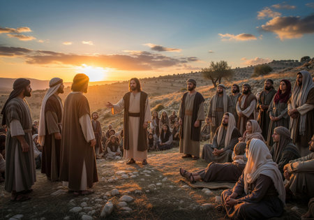 A majestic, dramatic illustration depicting Jesus Christ delivering a sermon or lesson to a large group of people, possibly the Sermon on the Mount or an open-air teaching momentの素材