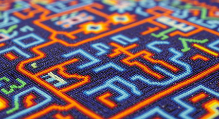 An extreme close-up, macro shot of a brightly coloured piece of intricate beadwork or mosaic, consistent with traditional Huichol art from Mexico.の素材