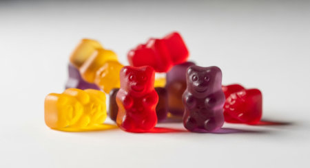Group of red, orange and purple multivitamin gummies bears isolated on white background. Healthy lifestyle conceptの素材