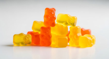 Close-up texture of orange and yellow multivitamin bears gummies in the form of bears on white backgroundの素材