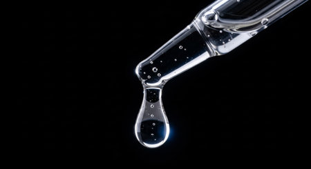 An extreme macro close-up video of a glass pipette dispensing a clear, viscous liquid, likely a serum, hyaluronic acid, or essential oil, against a deep black background.の素材