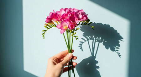 A hand holds a beautiful, elegant bouquet of fresh flowers against a bright, light blue background.の素材