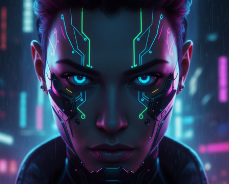 Neon Cyberpunk Portrait. A moody street portrait of a person with neon-lit makeup or tattoos, wearing futuristic glasses or headgearの素材
