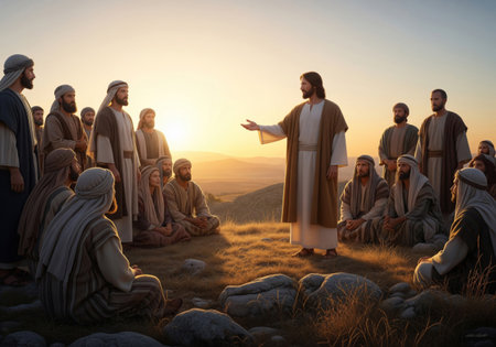 A majestic, dramatic illustration depicting Jesus Christ delivering a sermon or lesson to a large group of people, possibly the Sermon on the Mount or an open-air teaching momentの素材