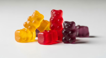 Group of red, orange and purple multivitamin gummies bears isolated on white background. Healthy lifestyle conceptの素材