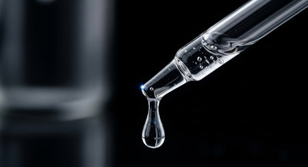 An extreme macro close-up video of a glass pipette dispensing a clear, viscous liquid, likely a serum, hyaluronic acid, or essential oil, against a deep black background.の素材