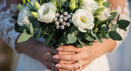 A hyper-realistic, high-detail close-up photograph of a brides hands gently holding a gorgeous wedding bouquet filled with white Lisianthus, Silver Brunia berries, dominant Eucalyptus greenery.の素材