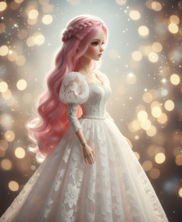 Magical photo. A doll in a white dress with pink hair stands with her back against a magical bokeh backgroundの素材