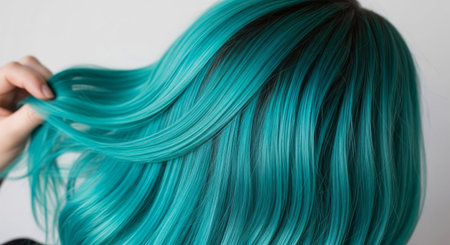 A striking rear view of a woman with beautiful hair dyed a vibrant aqua colorの素材