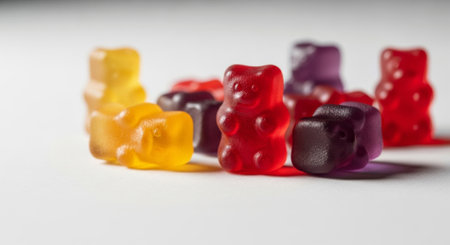 Group of red, orange and purple multivitamin gummies bears isolated on white background. Healthy lifestyle conceptの素材