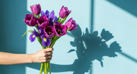 A hand holds a beautiful, elegant bouquet of fresh flowers against a bright, light blue backgroundの素材
