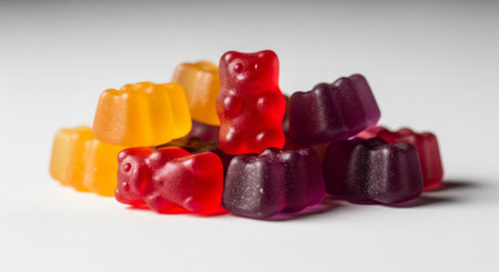 Group of red, orange and purple multivitamin gummies bears isolated on white background. Healthy lifestyle conceptの素材