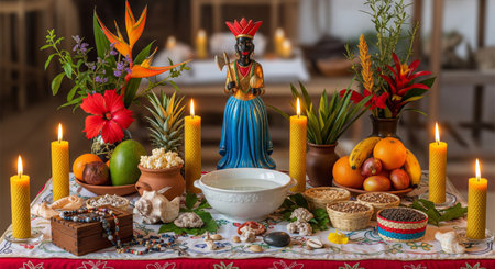 A traditional Umbanda altar richly adorned with offerings for the Orixasの素材