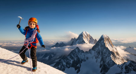 A female doll dressed as a mountaineer climbs a snowy mountain slopeの素材