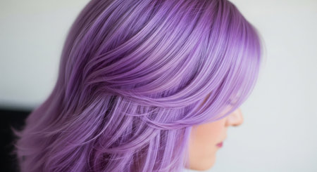A striking rear view of a woman with beautiful hair dyed a vibrant lavender colorの素材