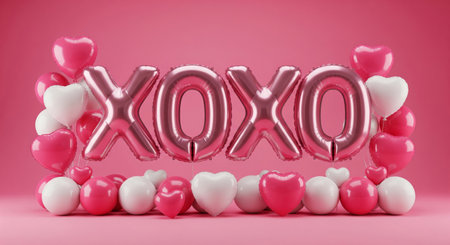 XOXO (hugs and kisses) text made of pink foil balloons.の素材