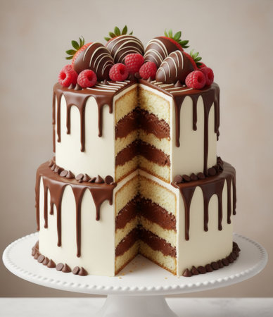 A beautiful two-tier vanilla cake with chocolate mousse filling, white buttercream, and dark chocolate drip.の素材