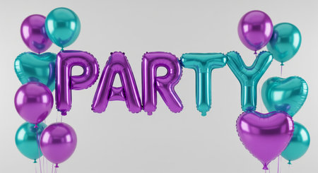 Festive 3D illustration of silver metallic foil balloons spelling the word PARTY. The text overlays a vibrant background of glossy purple and turquoise heart-shaped balloonsの素材