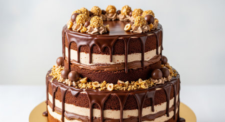 Decadent two-tier chocolate and hazelnut drip cake with a slice removed to reveal intricate layers of sponge and cream filling.の素材