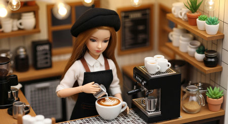 Detailed miniature diorama of a busy coffee shop scene featuring fashion dollsの素材