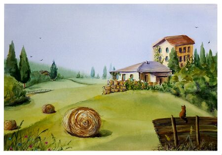 Watercolor picture of the landscape with the image of a summer Sunny evening in the village. A picture of houses, hay and a cat on the fence on the background of green fields.の写真素材