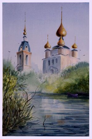 Watercolor picture of a landscape depicting a summer foggy morning with a Church by the river.の写真素材