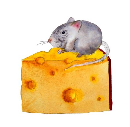 Watercolor illustration with a mouse on a piece of cheese.の写真素材