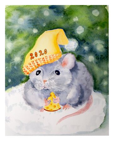 Postcard with a Gray mouse in a Christmas cap with a piece of cheese, painted in watercolor on a white background.の写真素材