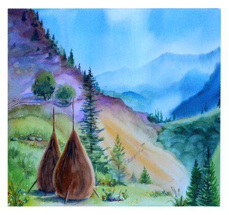 Watercolor landscape with mountains, trees and haystacks. Carpathians. Moldavia. Drawing of a Sunny morning in the mountains.の写真素材