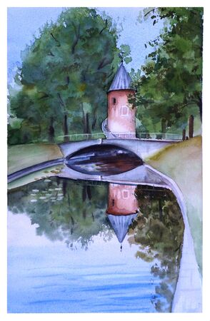 Watercolor landscape with a tower, reflection in the water and trees.の写真素材