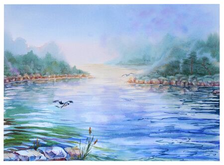 Watercolour landscape with rocks reflected in the water, a flying gull and watercolour streaks. The Island Of Valaam.の写真素材