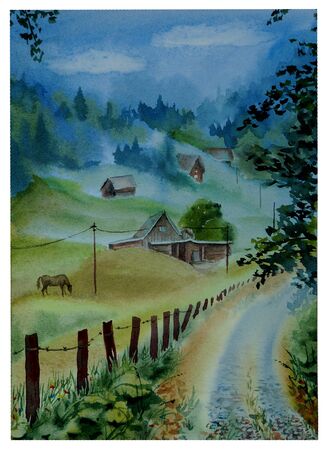 Watercolor landscape of summer twilight in a village with houses, a road and a horse grazing. Foggy evening in the village.の写真素材