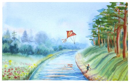 Watercolor landscape of summer in a village with a river, pine trees and a boy flying a kite. Sunny morning view of village. Bright summer scene .の写真素材