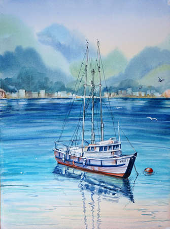 Watercolor landscape with a yacht on the water and its reflection. Sea. Montenegro.の写真素材