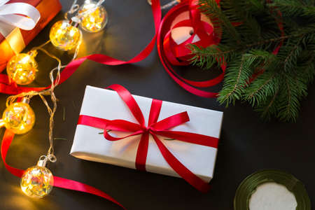 White gift box on a dark backgroundの写真素材