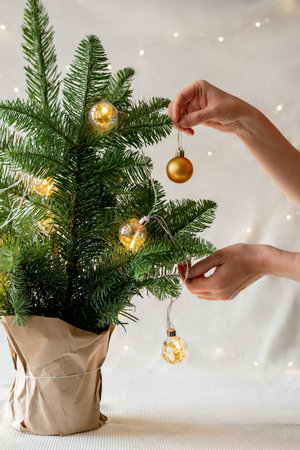 Person's hands decorates Christmas fir, spruce tree with golden decoration balls. Christmas, New year holidays preparations.の写真素材