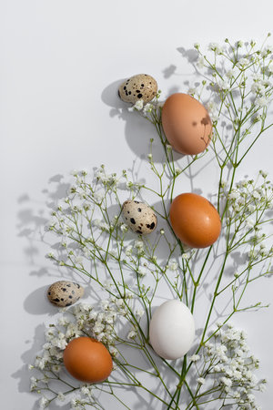Elegant Easter greeting card design, natural color eggs and flowers on a neutral light background,...