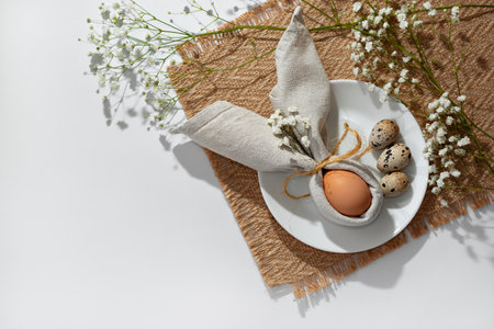 Minimalist Easter aesthetic table setting, egg decorated with bunny ears napkin on a white plate. Neutral floral background with copy space. Holiday branding spring template or banner designの写真素材