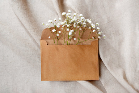 Crafted envelope with flowers on a neutral background, aesthetic minimal congratulation or greeting concept, gift template with copy spaceの写真素材
