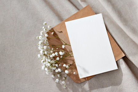Blank paper card, postcard, envelope and flowers on a neutral background, congratulation postcard or letter floral template with copy spaceの写真素材