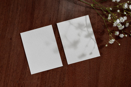 Blank paper sheet cards with floral shadows on a dark brown table surface background, minimalist classic business brand template, copy spaceの写真素材