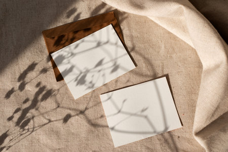 Hard floral sunset light shadows on blank paper cards, aesthetic natural business template with copy space, on a neutral beige backgroundの写真素材