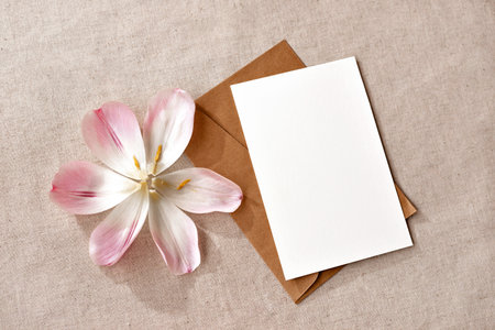 Blank paper card with mockup copy space, envelope and flowers on a neutral beige background, aesthetic wedding invitation or greeting card, letter templateの写真素材