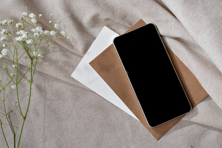 Mobile phone, smartphone, paper cards and flowers on a neutral beige linen background, elegant aesthetic minimalist workspace, brand template with copy spaceの写真素材